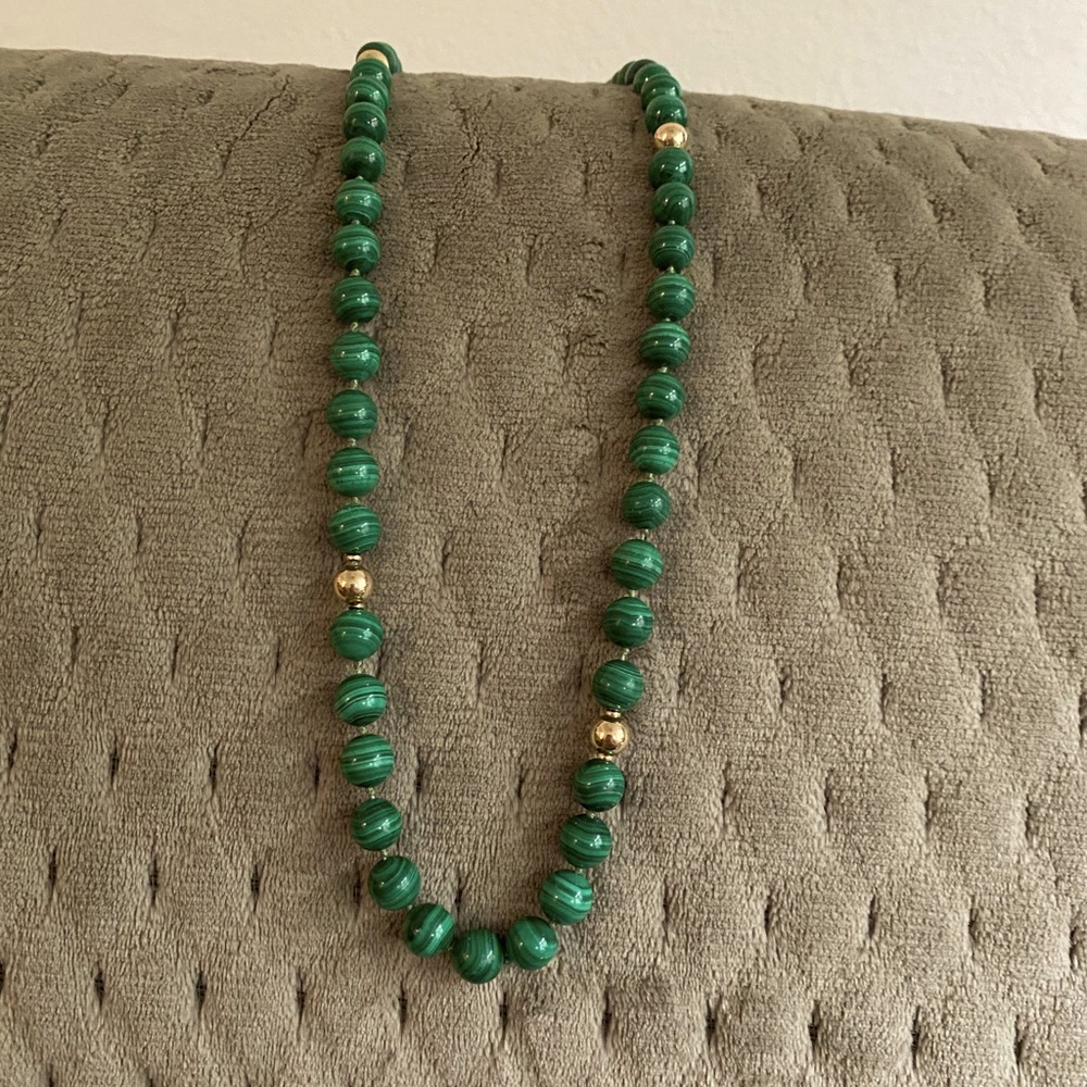 Malachite and gold 17” beaded necklace.